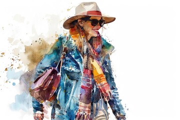 Sticker - A woman wearing a hat and coat, depicted in watercolor style