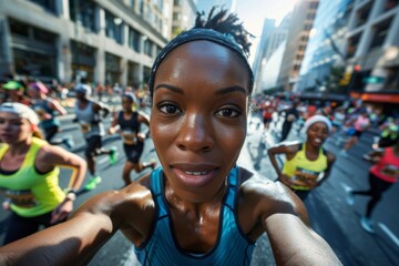 A dynamic image capturing a black female marathon runner taking a selfie during a bustling race through a cityscape