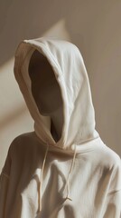 Poster - Mannequin wearing a hooded beige sweatshirt with shadows, minimalist fashion concept