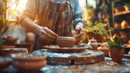 Crafts Focus on a person making pottery with a pottery studio background, warm indoor light, empty space right for text