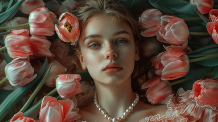 Poster - A person lying on a bed of colorful flowers