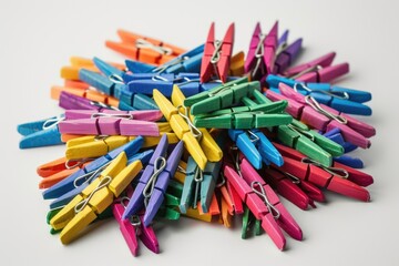 Wall Mural - A collection of bright clothes pegs arranged on a clean white surface