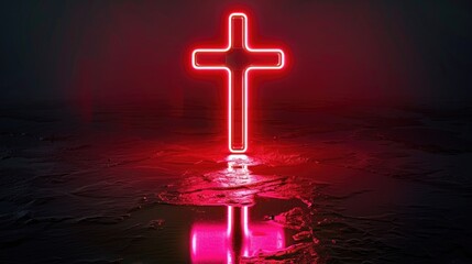 Wall Mural - A bright red neon cross stands out against a dark black background, suitable for use in various contexts such as church services, memorial events or artistic projects