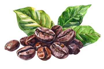 Wall Mural - A close-up of coffee beans surrounded by leaves