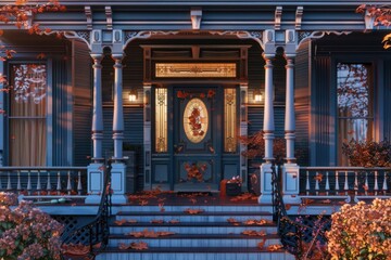 Canvas Print - A single-family home with a bright blue front door and steps leading up to the entrance