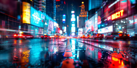 Wall Mural - A city street at night with a lot of traffic and a lot of neon signs by AI generated image