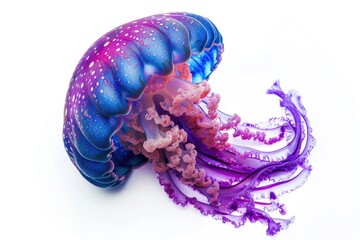 Sticker - A jellyfish with vibrant purple and blue tentacles swimming in the ocean