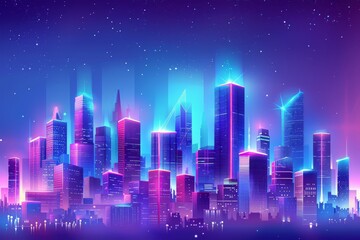 Wall Mural - Urban architecture, cityscape with space and neon light effect. Modern digital hi-tech, science, futuristic technology concept illustration background