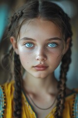 Canvas Print - Close-up portrait of a young girl with bright blue eyes