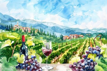 Wall Mural - A still life image of fresh grapes and a glass of wine on a table