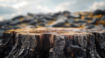 Canvas Print - A close-up shot of a tree stump with a clear blue sky in the background, perfect for use as a scenic element or nature-inspired design