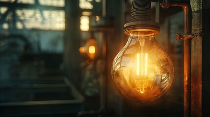 Wall Mural - An illuminated vintage bulb casts a warm glow, highlighting its intricate filament within a rustic setting.