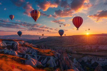 Poster - Aerial view of hot air balloons soaring above a valley landscape