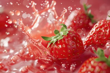 Poster - A close-up shot of a strawberry with water splashing on its surface