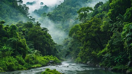 Sticker - Lush green forest with a flowing river and abundant foliage creates a tranquil,serene and refreshing vacation wallpaper background with ample copy space. - Lush green forest with a flowing river and a