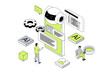 © alexdndz - Artificial intelligence 3d isometric concept in outline isometry design for web. People working and programming ai robots, creating chatbot, machine learning and cyber automation. Illustration.
