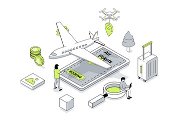 Fototapete - Booking flight 3d isometric concept in outline isometry design for web. People choosing travel destination, buying tickets to plane with luggage, boarding registration in app. Illustration.