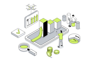 Wall Mural - Business strategy 3d isometric concept in outline isometry design for web. People analyzing financial data, planning work tasks, achieving goals, developing success company. Illustration.