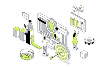 Fototapete - Data analysis 3d isometric concept in outline isometry design for web. People analyzing graphs and business reports, working with financial diagrams, making target and strategy. Vector illustration.