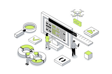 Wall Mural - DevOps 3d isometric concept in outline isometry design for web. People communicating in team and collaborating in agile teamwork processes for programming products and support. Illustration.