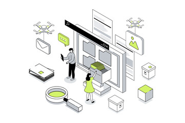 Fototapete - Electronic organization files 3d isometric concept in outline isometry design for web. People working with digital database at computer screen, organizing folders for storage. Illustration.