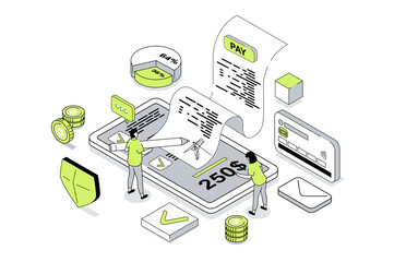 Wall Mural - Electronic receipt 3d isometric concept in outline isometry design for web. People receiving digital form of invoice for checkout, paying bills online with credit card in app. Illustration.