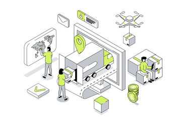 Aufkleber - Worldwide delivery 3d isometric concept in outline isometry design for web. People using global logistic company with truck transportation, receiving parcels with cargo shipping. Illustration.