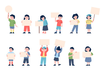 Kids with empty banners. Children hold different blank placards. Cute child on demonstration, cartoon little characters for ad, recent vector set