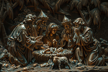 Biblical scene, nativity scene of The Holy Family and three wise men. Generative AI