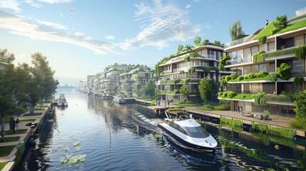 A sustainable waterfront development with green roofs on residential buildings and electric boats navigating a clean river.