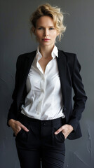 Beautiful Fashionable stylish Business Woman in Stylish Suit - Black Jacket, White Blouse, Studio Portrait, Confident Girl with Hands in Pockets