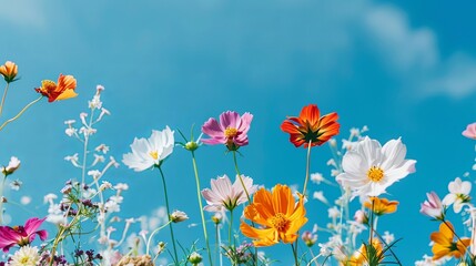 Poster - Vibrant Summer Landscape with Blooming Flowers and Ample Copy Space. Bright and serene wallpaper featuring a lush meadow of colorful floral blooms against a clear blue sky,perfect for desktop. - Vibra