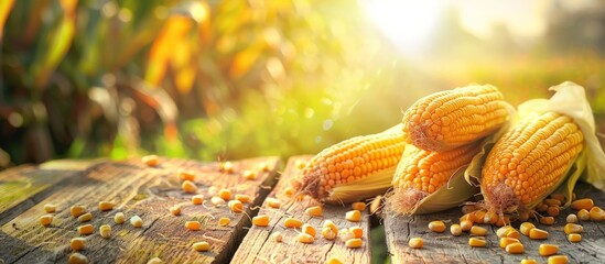 Wall Mural - Fresh Corn on a Wooden Table in a Summer Setting