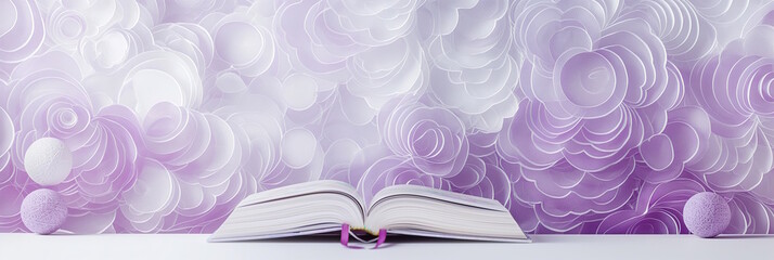 Wall Mural - Open book with pastel abstract floral background in shades of purple and white. Concept of elegance, simplicity, and World Poetry Day