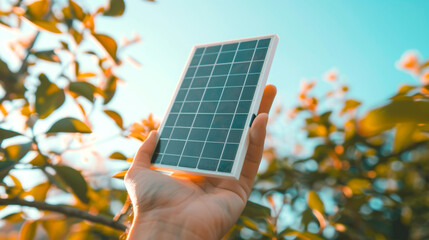 Small solar panel held against backdrop of sunlight and foliage, symbolizing renewable energy and sustainable living. spring or summer scene emphasizing green energy and ecofriendly technology.