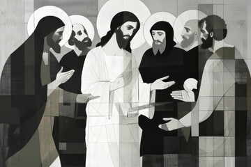 Wall Mural - Resurrected Jesus Christ with Thomas the apostle and other apostles. Generative AI