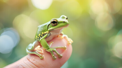 Small green tree frog sitting on fingertip