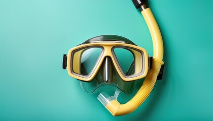 flat lay shot of yellow diving mask with snorkel over turquoise blue background minimalist photo of dive mask and snorkel with central composition