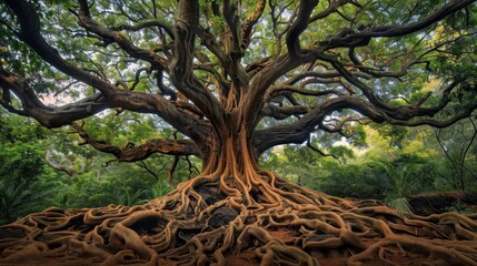 An ancient tree with sprawling branches and deep roots, symbolizing wisdom and strength.