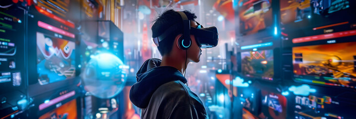 Wall Mural - Virtual reality: the user immersed in the exciting world of games. 