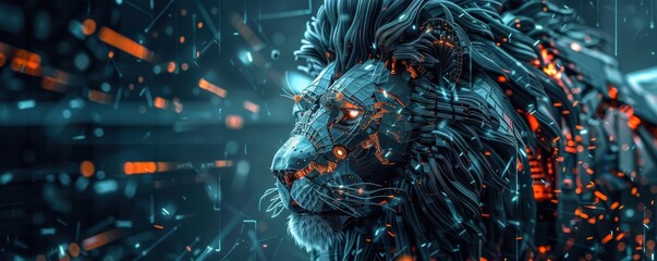 Futuristic cyberpunk-style robotic lion head with glowing orange accents. Free copy space for text.