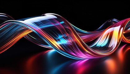 Wall Mural - a flowing wavy shiny transparent glass object with a black background a wave of glass with colorful light reflections and a black background