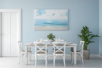 Interior of modern dining room with blue wall, white table and chairs.