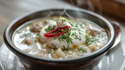 Wall Mural - 03070100 15 A close-up of a steaming bowl of Ciorba de burta (tripe soup) with a halved chili pepper adding a touch of red. Chopped fresh dill and a dollop of sour cream float on the surface. The