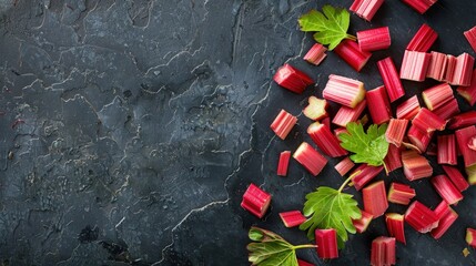 Wall Mural - Chopped Rhubarb with Parsley on a Dark Background
