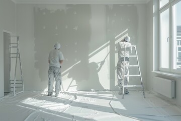 Two men are painting a room. One of them is using a ladder to reach the ceiling. The room is white and empty, with no furniture or decorations. Scene is calm and focused