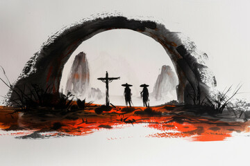 Wall Mural - The empty tomb in the background of the crucifixion. Generative AI