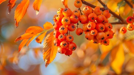 Wall Mural - Close-up of orange rowan berries with autumn leaves on a branch, detailed and colorful nature scene at sunset. Seasonal harvest and nature beauty concept