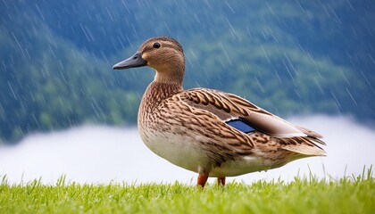 Wall Mural - a duck is standing in the grass with rain falling on it