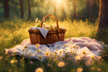 Poster - A checkered picnic blanket rests invitingly on a lush green meadow. Sunlight filters playfully through the leaves overhead, dappling the fabric in a mosaic of light and shadow. 